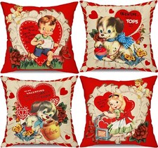 Valentines Day Pillow Covers 18x18 Inch Set of 4 Boy Girl Dog Decor Red Retro