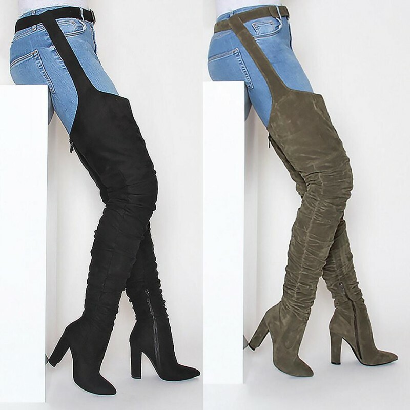 Women Nightclub Suede Fabric Block Heel Pointed Toe Thigh