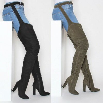 Women Nightclub Suede Fabric Block Heel Pointed Toe Thigh