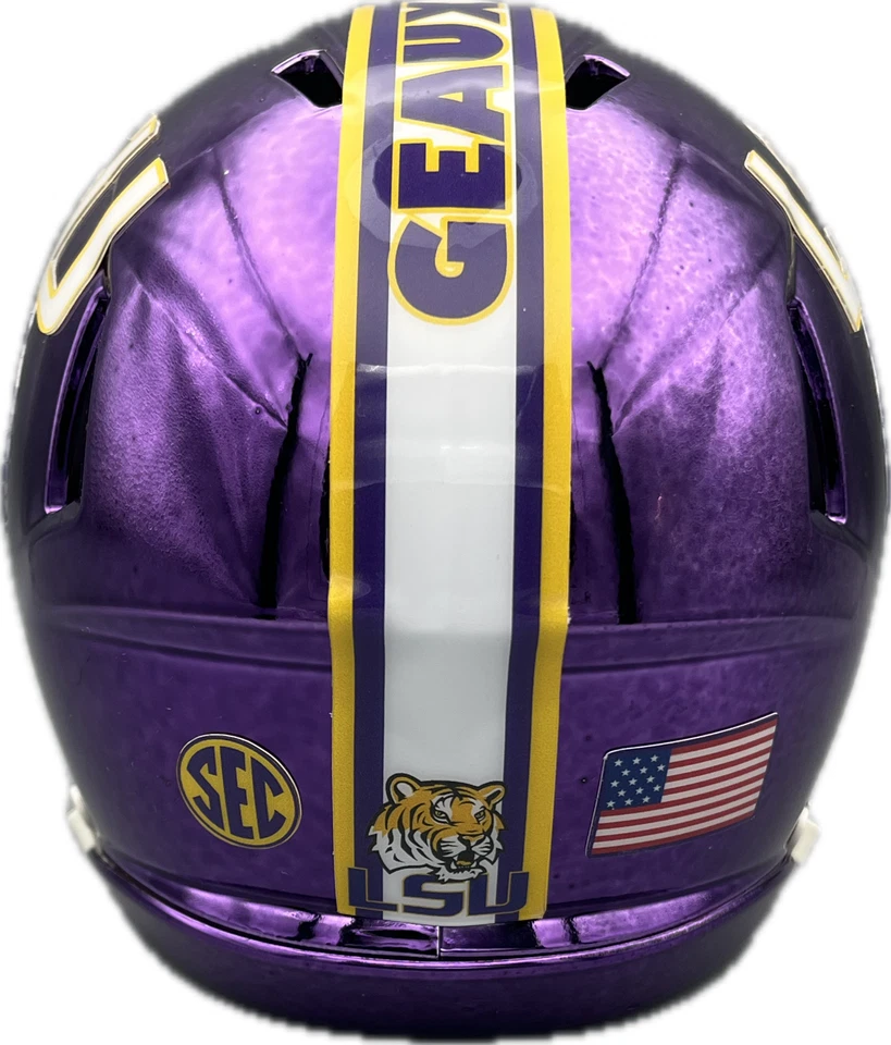 Mini casco personalizado LSU Tigers cromo púrpura con metal púrpura FM y visera dorada Foto 3 de 4