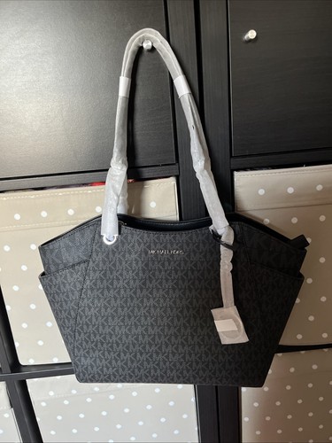 MICHAEL KORS JET TRAVEL LARGE MED CHAIN SHOULDER TOTE BAG MK BLACK LOGO SILVER