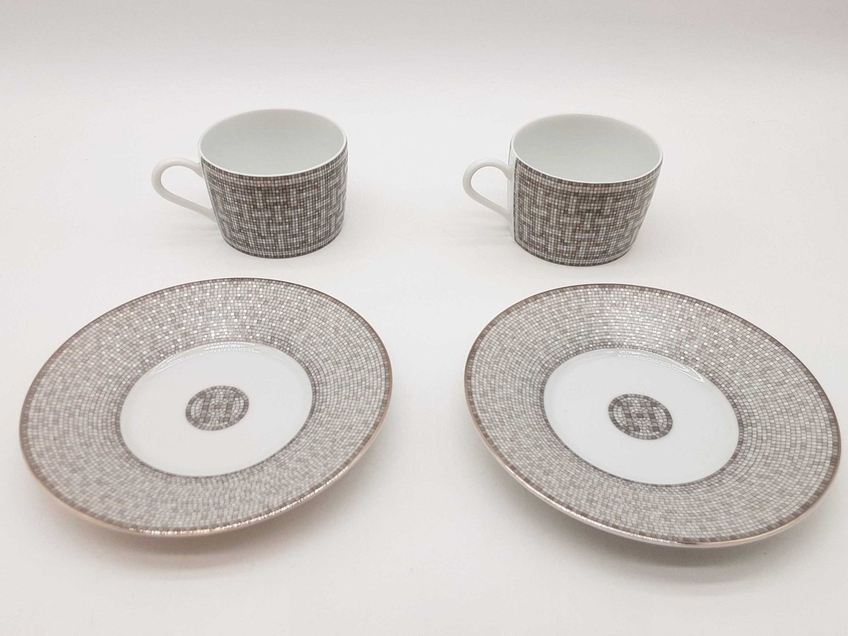 Hermes Mosaique Au 24 Gray Porcelain Cup Saucer Set 2 Do0426oxzde