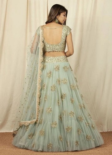 Ombrello Lehenga con paillettes ricamate in rete verde come nuovo taglia 0/XS/32 - Foto 2 di 9