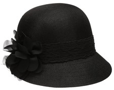 Women's Gatsby Linen Cloche Hat with Lace Band and Flower One Size Black