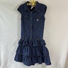 Y2K Guess Girls Denim Ruffle Dress Button Upfront Tiered Skirt  Blue Wash Size 8