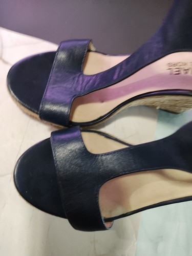 Michael Kors Navy Leather Stylish T Strap Open Toe Heeled Sandals Espadrilles - Picture 8 of 9