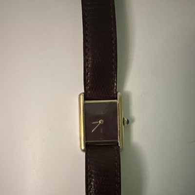 Cartier Tank Gold Plated Rectangular Wristwatch burgundy face and Leather
