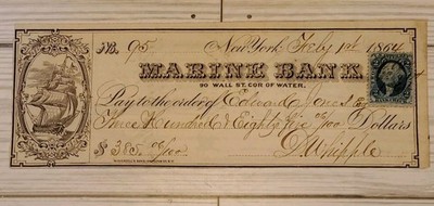 1864 Marine Bank New York Check Ship Vignette Beautiful $385