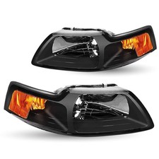 1999-2004 Mustang Upgraded Halogen Headlights Black Housing Amber Reflector Pair 1999-2004 Mustang Upgraded Halogen Headlights Black Housing Amber Reflector Pair