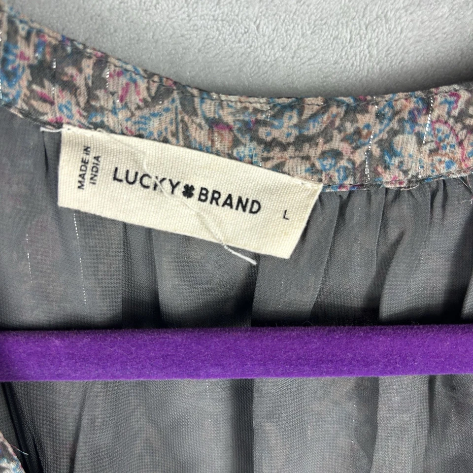 Lucky Brand Dress L Floral Smocked Midi Tiered Boho Peasant - Image 4 of 4