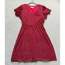 Loft Red Ikat Print Rayon V-Neck Flutter Sleeve Elastic Waist Knit Dress Medium