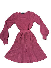 Fashion Dress Womens Small Wine Red Knit Pleated Long Sleeve Belted Square Neck