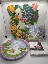 Easter Spring Lot Paper Plates Napkins Eggs Bunny Rabbit Floral Made In USA