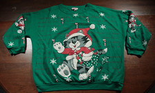 Vintage 90s Christmas Cat Sweatshirt Holiday Ugly Sweater Party Nut Cracker