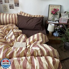 mixinni Retro Striped Duvet Cover Set Queen - 100 Natural Cotton 3-Piece Vin