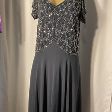 JKARA Sequin Beaded Evening Dress, Blue Chiffon Gown, Size 14