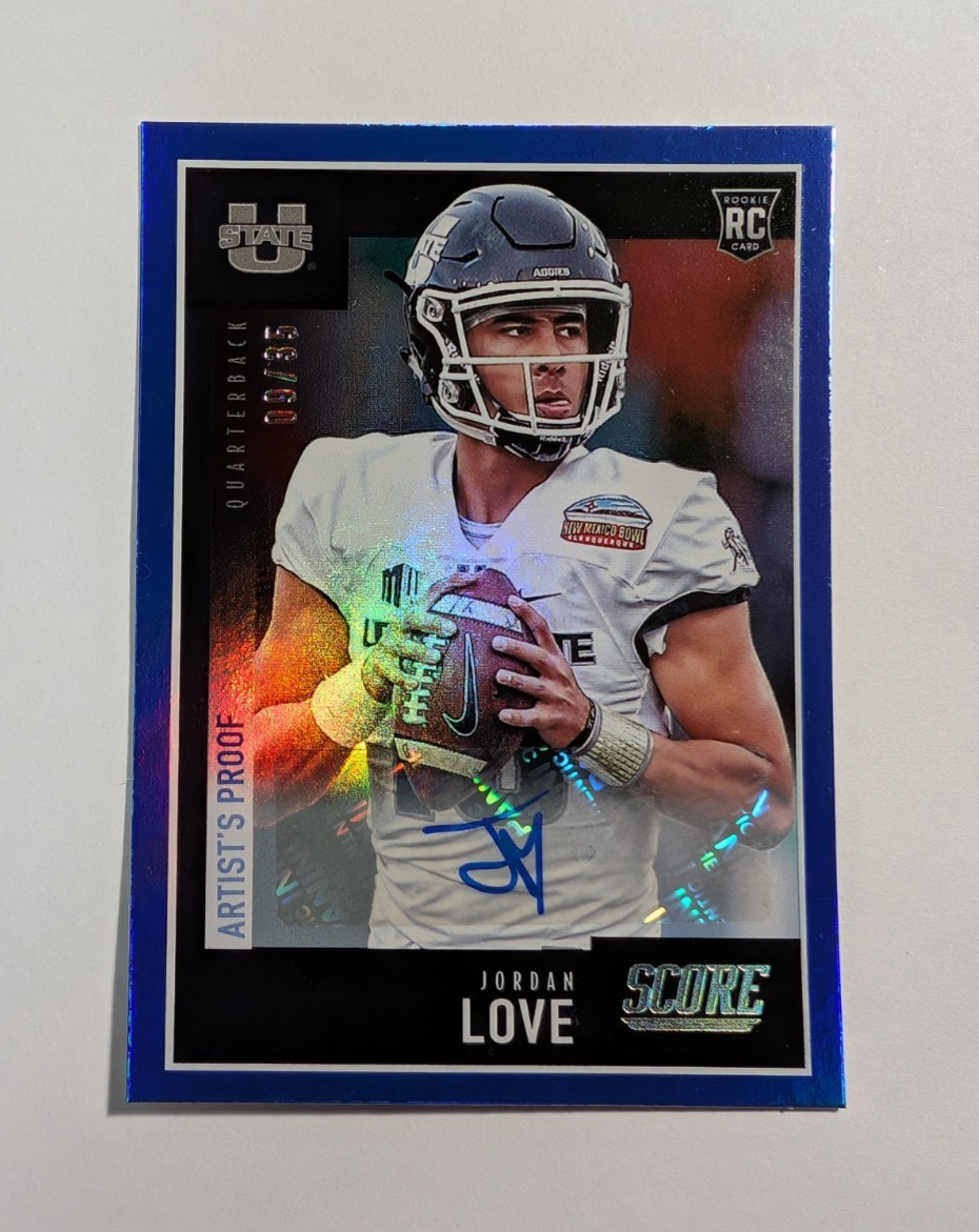 2020 Panini Score Football Card #361 Jordan Love Rookie Auto Blue Foil /35
