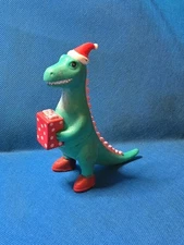 ANKYO Green Dinosaur Plastic Toy Figure 5" Christmas Santa With Gift RARE HTF