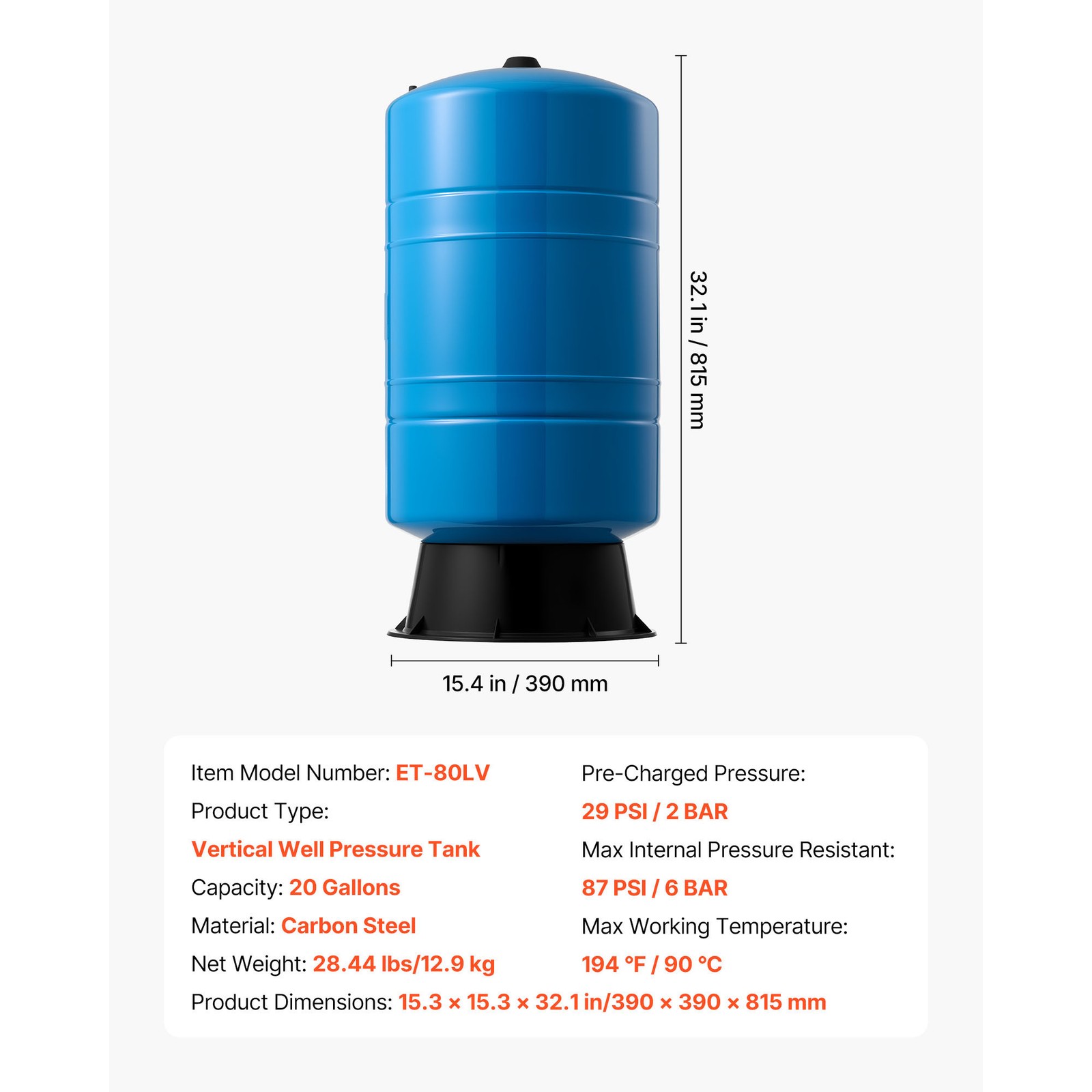 Uimoso 20-Gallon Vertical Pre-Charged Water Pressure Tank for Wells