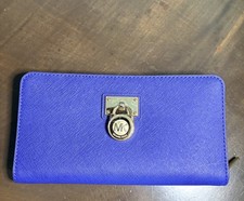 Michael Kors Hamilton Large Zip Around Continental Wallet Blue Leather NWT