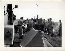 WW2 Photo Soldiers Setting Up Camp by Military Vehicles