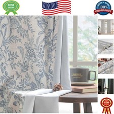 Blue Floral Linen Curtains, 84" Light-Filtering Drapes for Rustic Homes