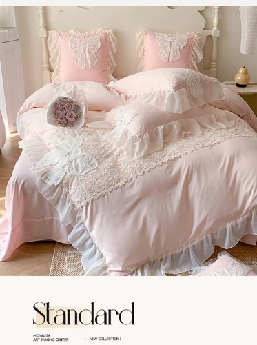 Korean Princess Bedding Set Coquette Lace Bow Beauty Lace Ruffle Comforter Sets - Foto 12 di 22