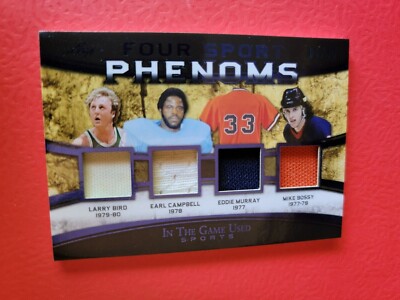 LARRY BIRD EARL CAMPBELL EDDIE MURRAY MIKE BOSSY 4 GAME USED JERSEY CARD #d12/30