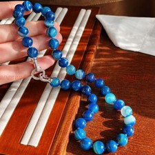 Natural Jewelry 10mm Blue Striped Agate Round Gemstone Beads Necklace