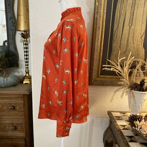 Camicetta Chicos Popover leopardata collo arricciato arancione rosso seta taglia 0 US 4/6 - Foto 8 di 12