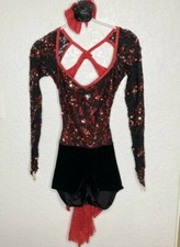 Dance Costume Unitard Red Black Sequin Top Black Velvet Shorts Long Slv Sz LC 