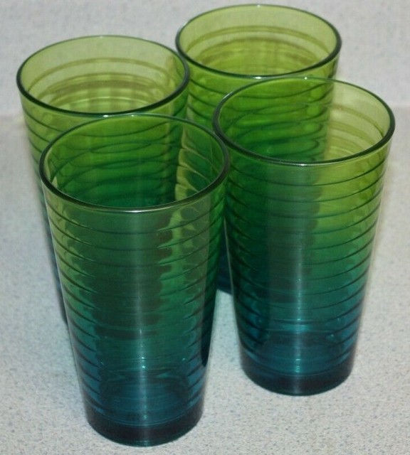 4 Vintage LIBBEY Green/Blue Transition Ribbed 8oz Drinking Glasses
