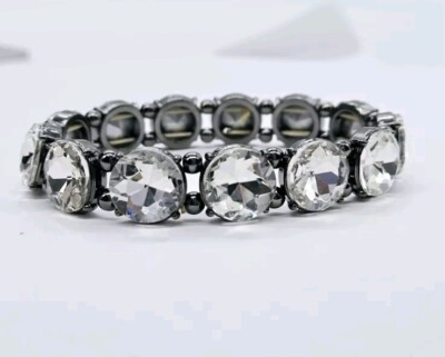 Crystal Stretch Bracelet Black Metal Round Runway Bling ICE Rocker Biker