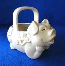 Vintage Fitz and Floyd Laughing Pig Basket Handle Candy Dish Planter Farmhouse