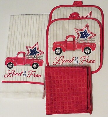 Land of the Free Kitchen Towel 4 pc. Set 1 Towel 2 Hot Pads 1 Dishcloth