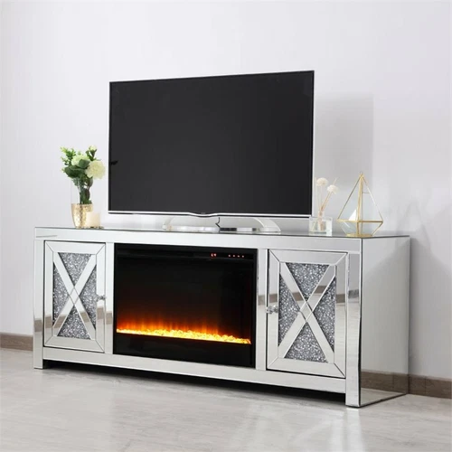 Elegant Decor Modern 2 Door 59" Clear Silver Mirrored Crystal Fireplace TV Stand - Picture 2 of 10
