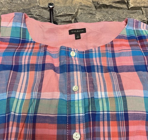 Talbots Madras Plaid Shirt Dress Pink Blue Plaid Button Front Lightweight Sz 4 - Picture 8 of 13
