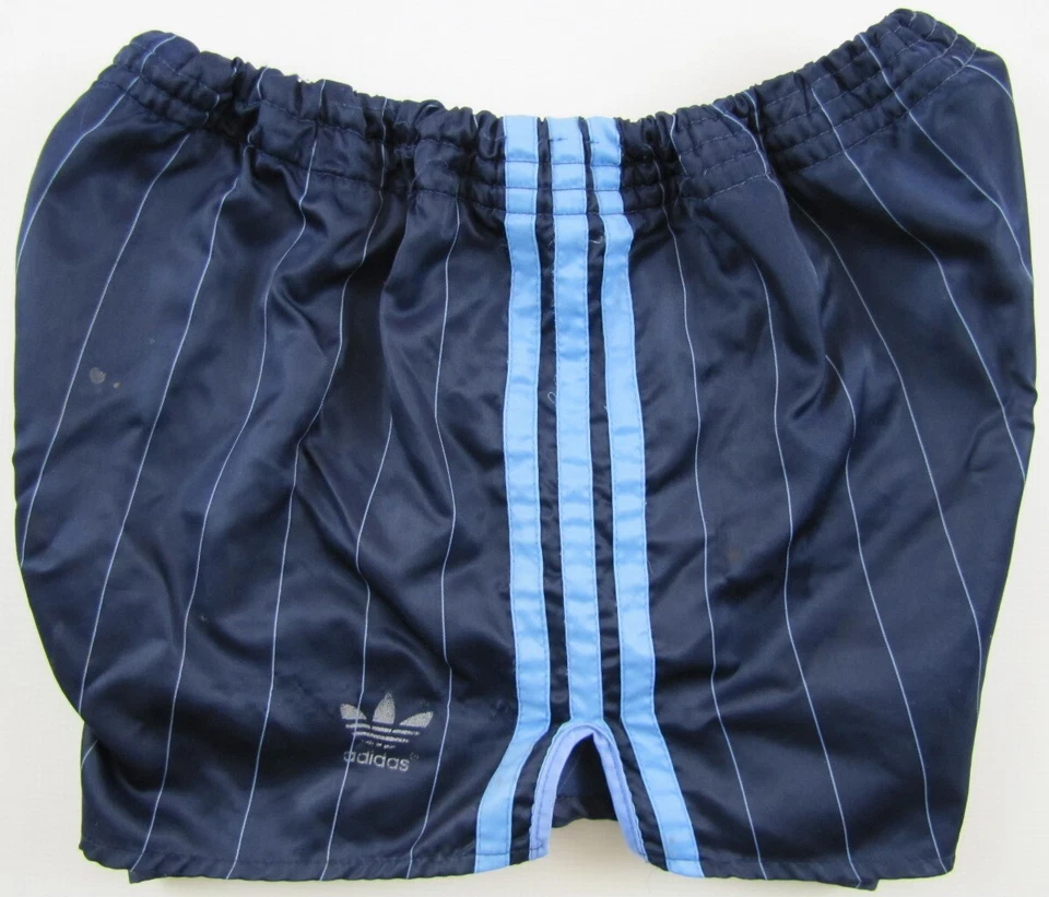 Adidas vintage 1980s pinstriped navy nylon shorts Hose soccer West Germany D7 L - Image 3 of 4