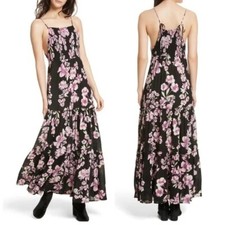 Free People Black Floral Smocked Maxi tiered Dress Long ties on shoulder Small