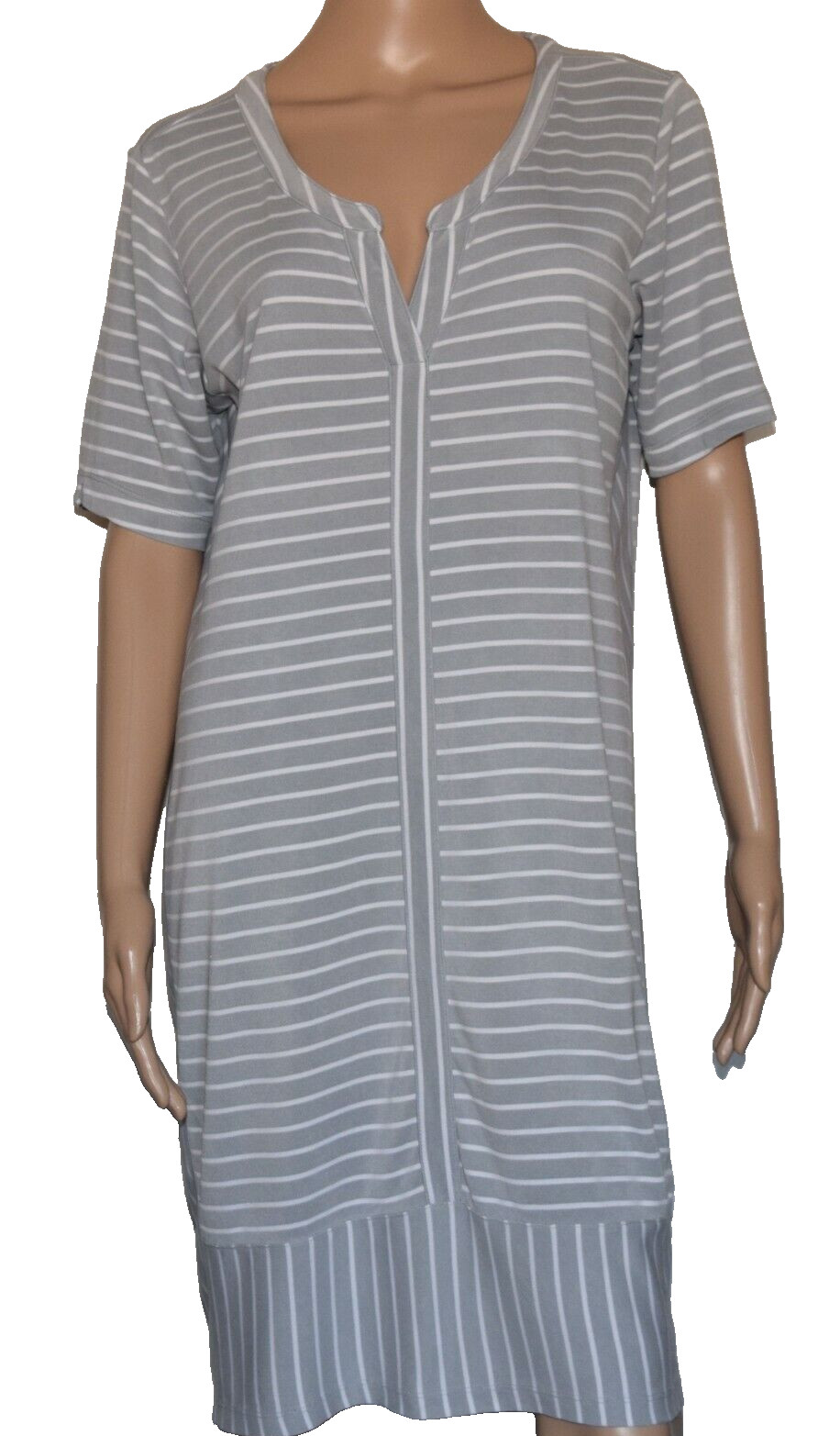 Athleta Gray White Striped Short Sleeve V-Neck Shirt Dress Size M
