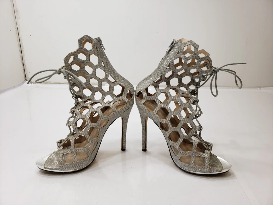 Tacones Celeste para mujer gladiador con cordones recorte brillante nido de abeja tono plateado 7,5 Foto 4 de 4