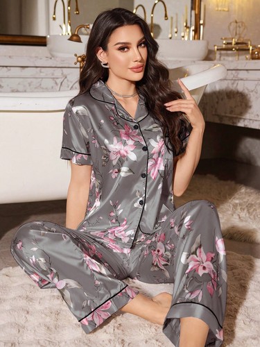 Women's Short Sleeve Silk Pajamas Set Print Satin Sleepwear Homewear Nightwear - Picture 225 of 251