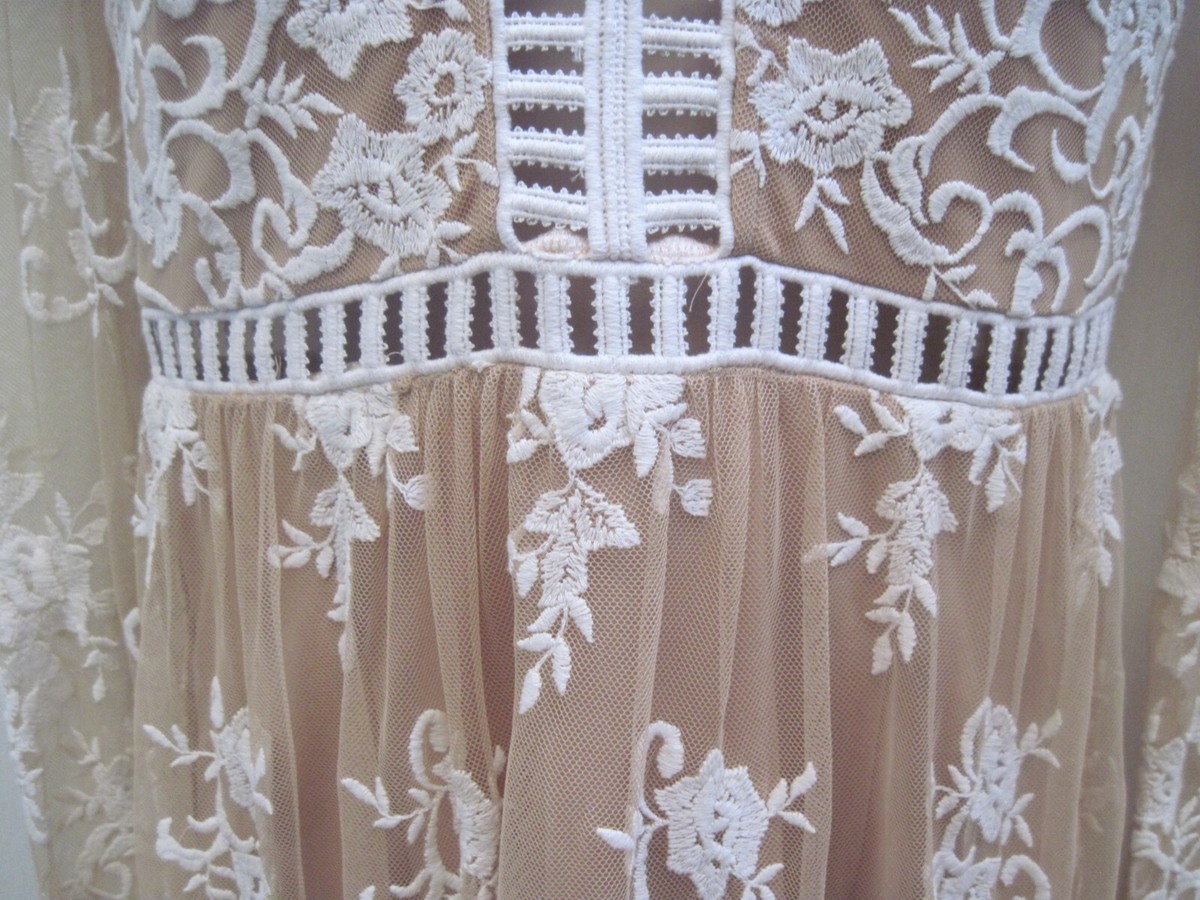 Forever 21 Bohemian Style Long Maxi Dress Tan Sheer White Embroidery Small  New | eBay