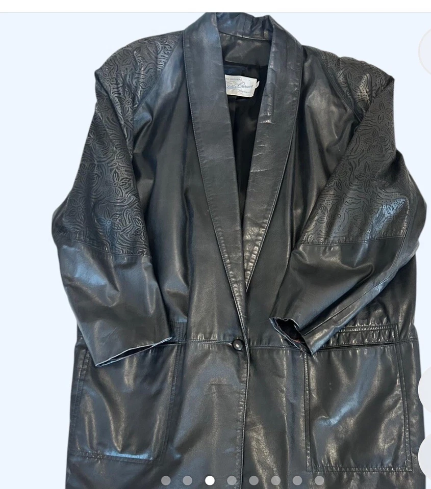 Винтажный 80-х Peter Caruso цветочный черный кожаная куртка - размер 20 - Изображение 3 из 4