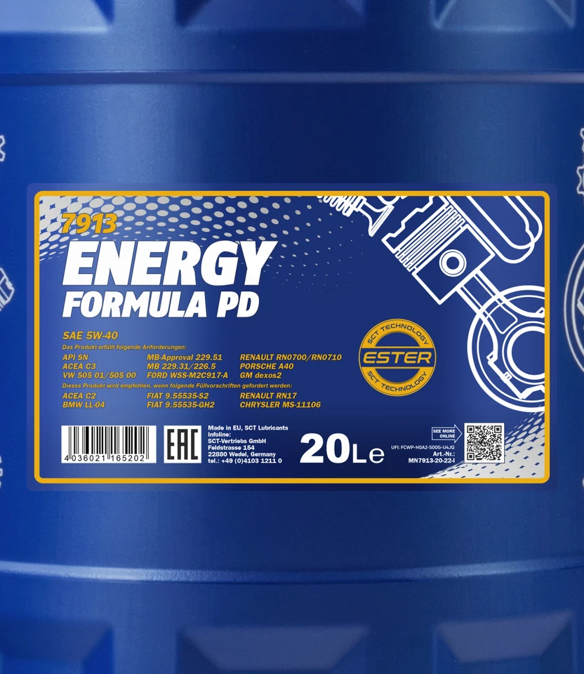 20 Liter MANNOL Energy Formula PD 5W-40 Motoröl API SN ACEA C3 MB GM VW FORD - Bild 2 von 2