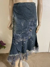 Blue  Cotton Denim Beaded Embroidered Ruffles Boho Zip Size M(6-8) Skirt 3361