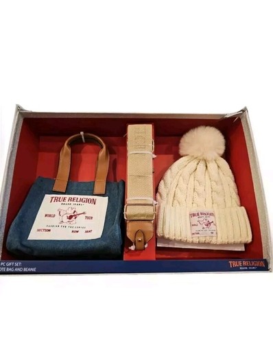 True Religion Mini Tote Umhängetasche Tasche Strickmütze 3-teiliges Geschenkset NEU!