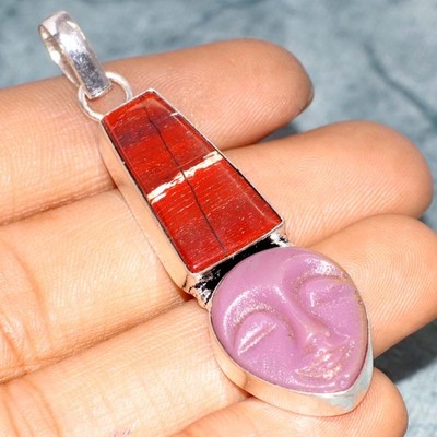 925 Silver Plated Red Jasper Carved Face Purple Agate Pendant 2.4'' GW