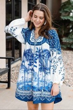 Farm Rio Blue White Palm Tree Floral V-Neck Tie Mini Dress Long Sleeve