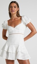 Audrey Parks francesca's White Cotton Mini Dress Puff Sleeve Ruffle Eyelet L